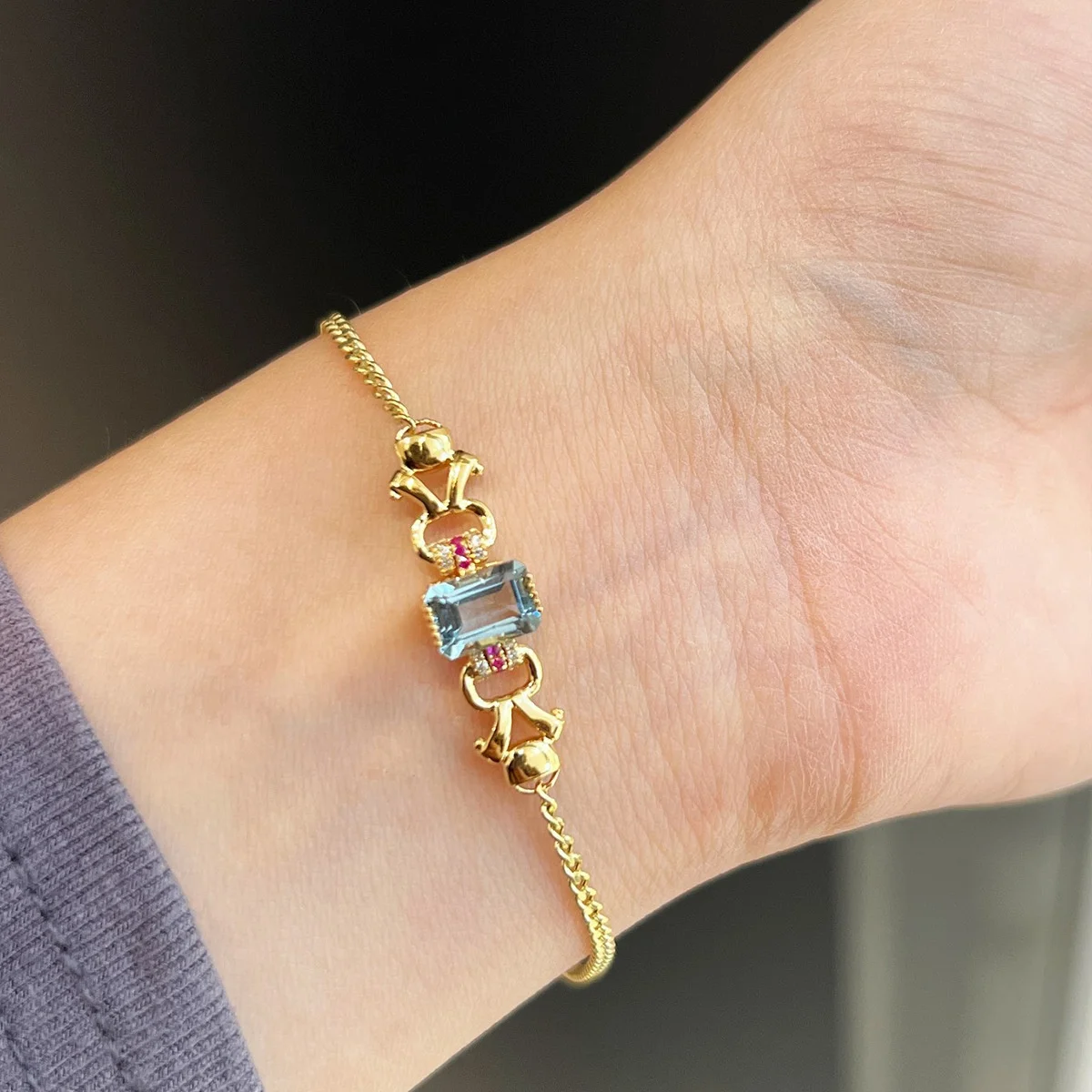Romantic 925 Sterling Silver Natural Aquamarine Rectangle Link Bracelet With Pink Zircon Accent Cuff Bangle Vintage Women Jewel