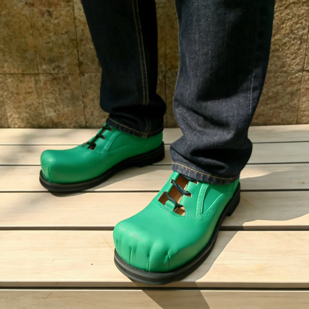 

Five Fingers Pattern Toe Lace-Up Ankle Strap Zapatos Para Male Fashion Style Catwalk Green Color Leather Men's Single Shoes 2026