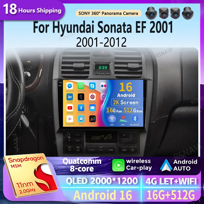 Android 16 Carplay Auto 2K Screen Car Radio Multimedia Player For Hyundai Sonata EF 2001 - 2012 Autoradio Stereo 2din Head Unit