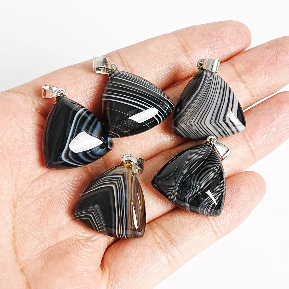 BLACK STRIPED AGATE TRIANGLE PENDANT 24X24X12MM SMOOTH GEMSTONE CHARM METAL LOOP FOR DIY JEWELRY NECKLACE MAKING HANDCRAFT GIFTS