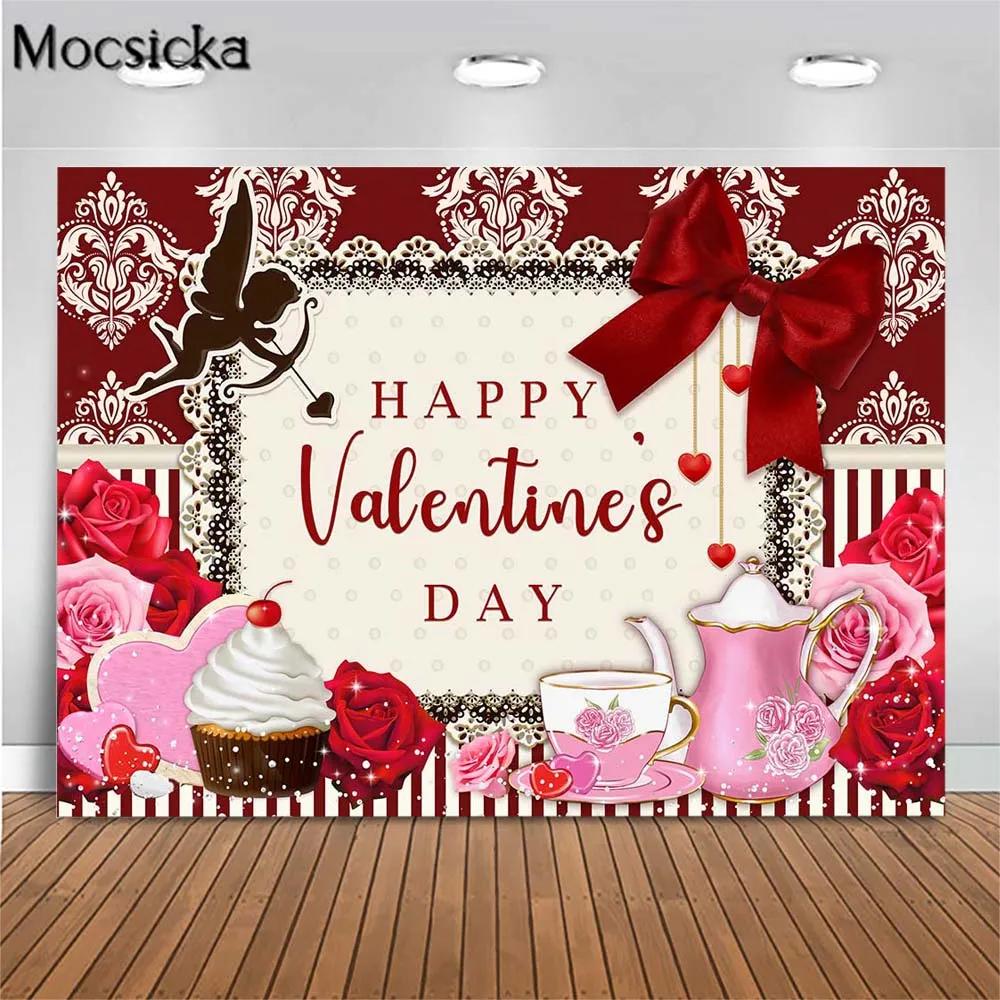 

Mocsicka Happy Valentine's Day Backdrop Red Rose Pink Flower Tea Party Festival Photography Background Dessert Table Decor Props