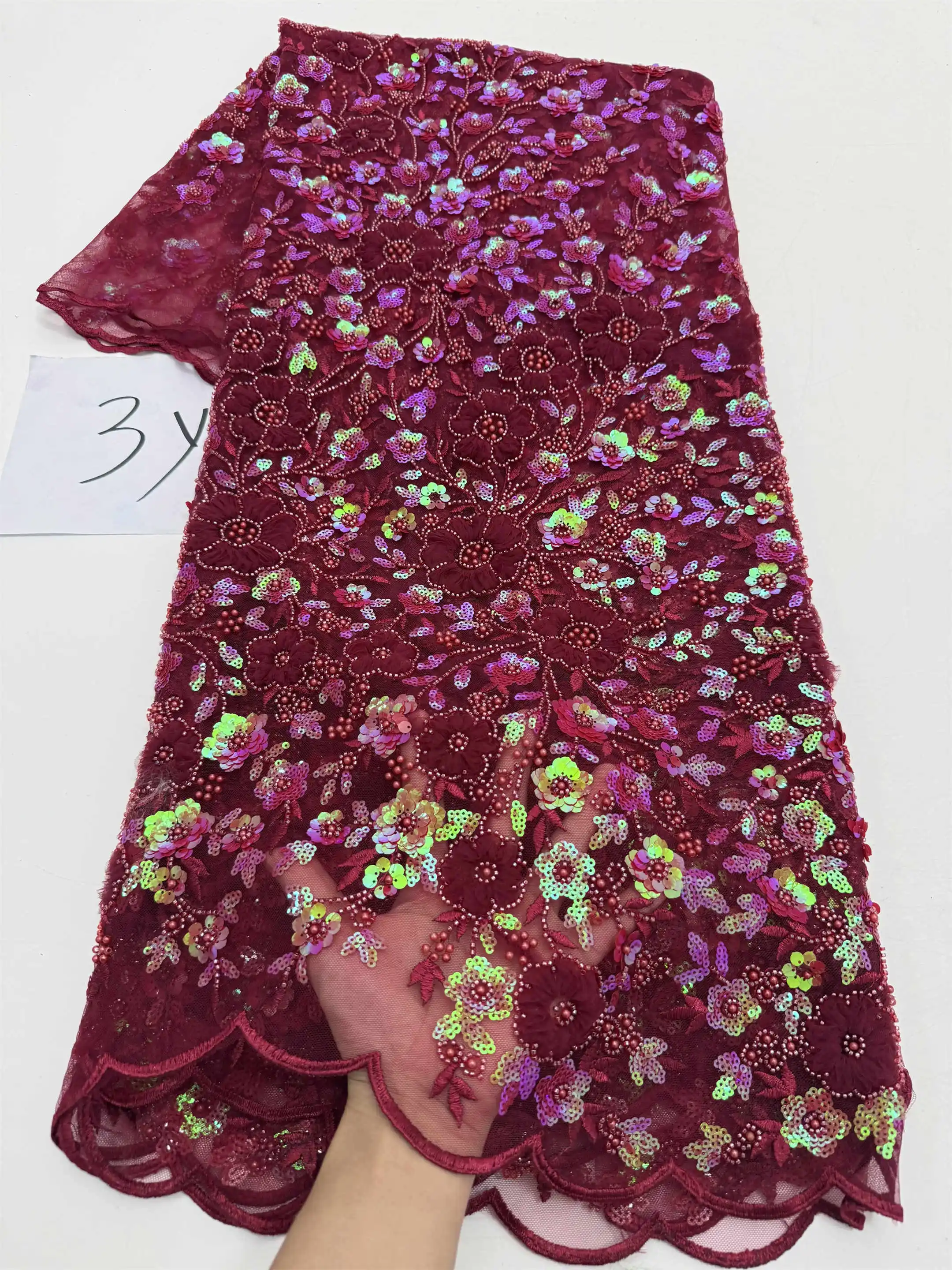 NiAi Lace French Beaded Lace Fabric 3 Yards 2026 New African Nigerian Jacquard Gilded Damask Lace for Sewing Women Party Dresses