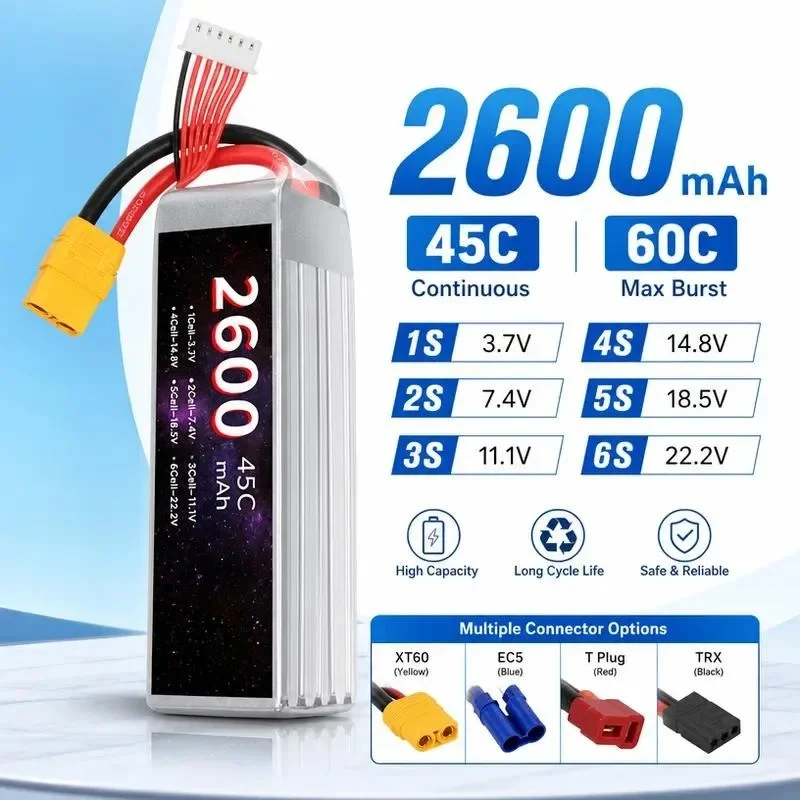 [NEW]  for 45C High Rate Lithium Battery 2600mAh 6S 22.2V for Model Aircraft Vehicle Ship Drone RC Hobby Power Cell