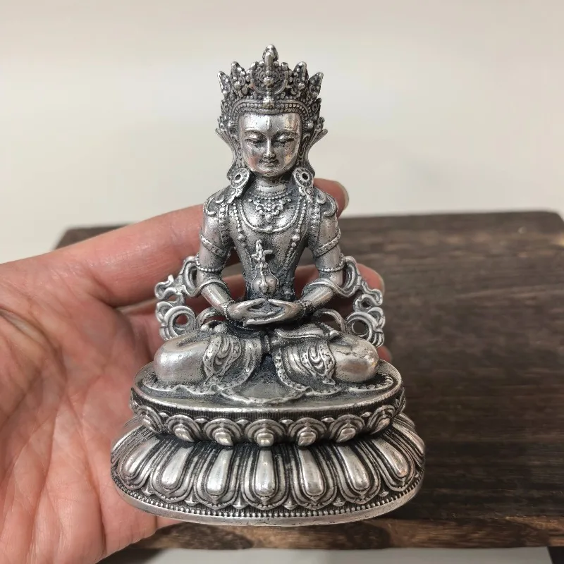 Vintage Alloy Silver‑plated Amitayus Buddha Statue Tibetan Longevity Buddha Figurine Meditation Desktop Home Altar Collectible