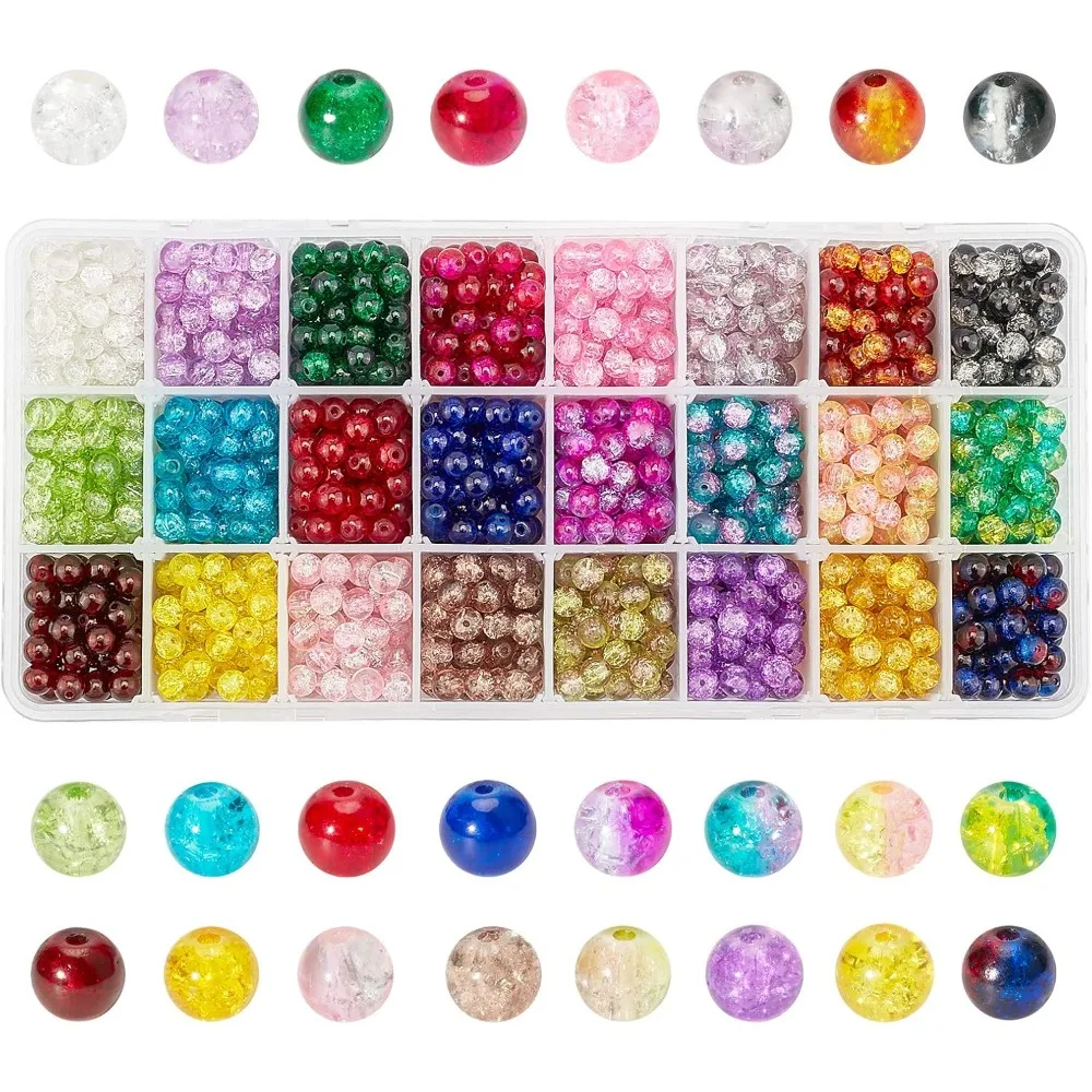 

1440pcs Crackle Glass Beads 24 Color 6mm Lampwork Bead Handcrafted Bracelet Beads for Summer Beading Friendship Bracelet
