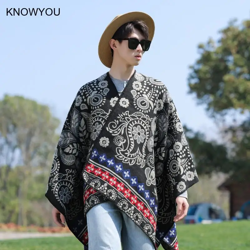 

Autumn Winter New Cloak Slit Artificial Cashmere Ponchos Man Big Size Jacket Fashion Blanket Male Travel Pashmina Print Wraps