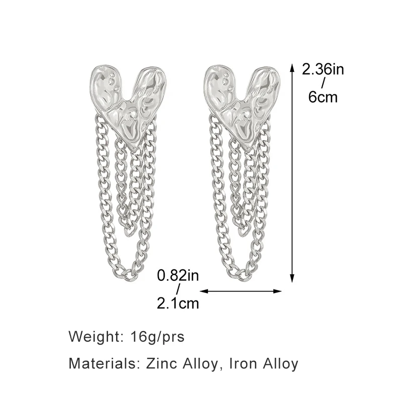 Orecchini a forma di nappa con catena a maglia a cuore in metallo per gioielli moda donna accessori per le vacanze alla moda martellati stili di