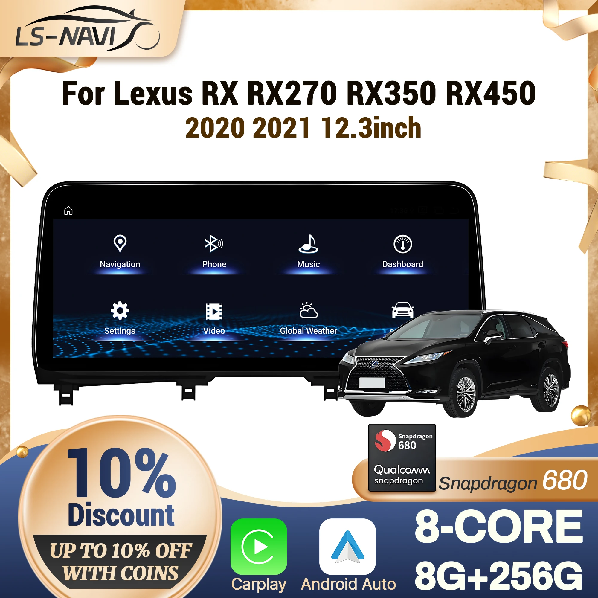 12.3 inch For Lexus RX RX270 RX350 RX450 2020 2021 Car Radio Wireless CarPlay Multimedia Snapdragon 680 Screen