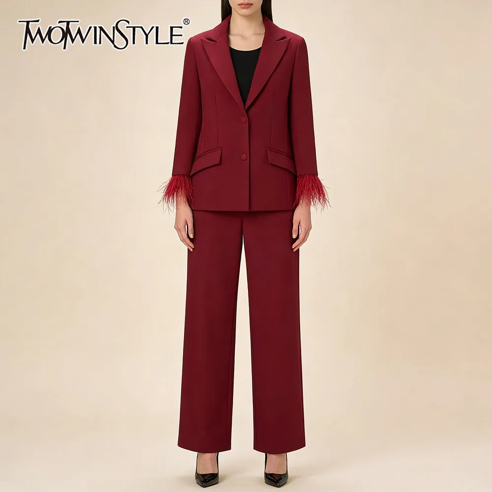 

TWOTWINSTYLE Шикарный комплект из двух предметов для женщин с зубчатым воротником и длинными рукавами, топ с кисточками и высокой талией, широкие брюки, офисный костюм, женский