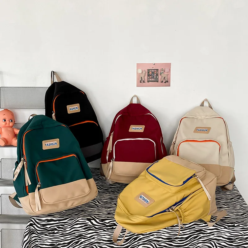 Retro Contrasting Color Backpack Large Capacity Nylon Backpack Student Fashion Simple School Bag Travel Zipper Laptop Rucksack