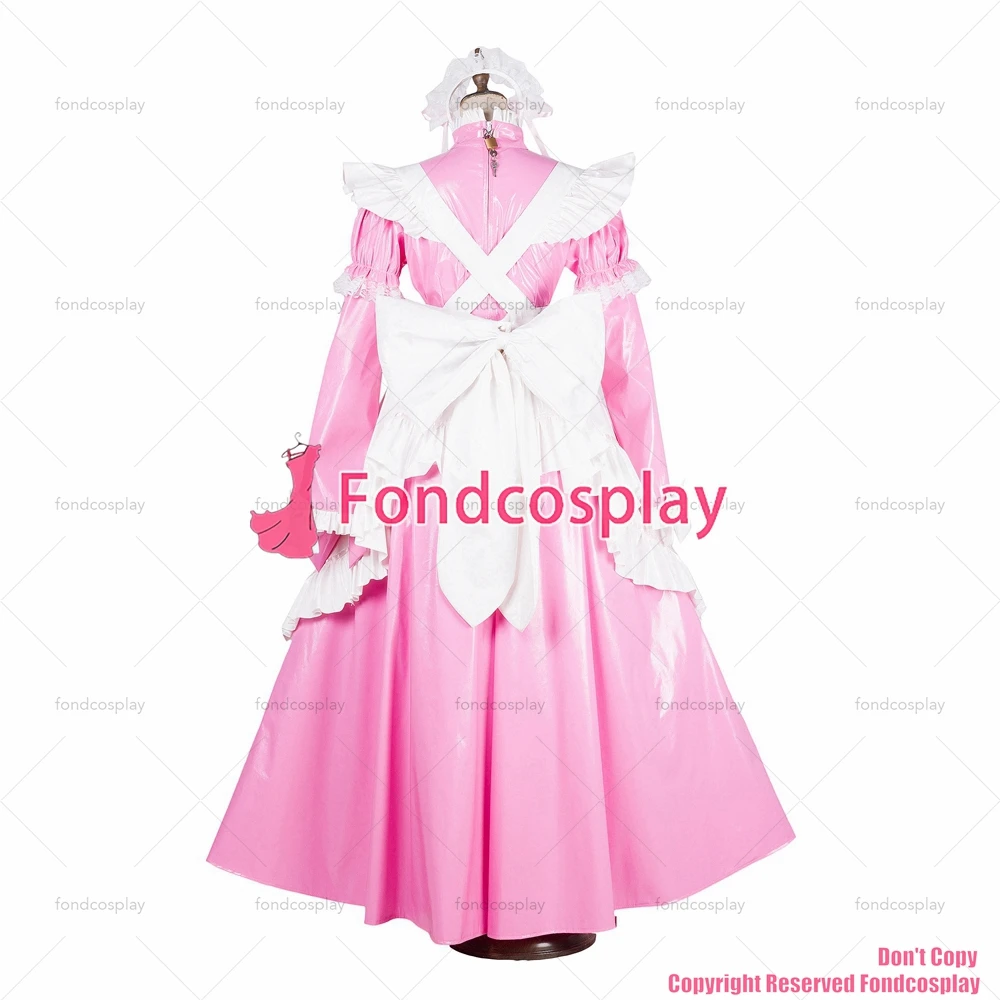 Fondcosplay Volwassen Sexy Cross Dressing Sissy Maid Lange Afsluitbare Baby Roze Dunne Pvc Vinyl Jurk Witte Schort Cd/Tv [G1801]