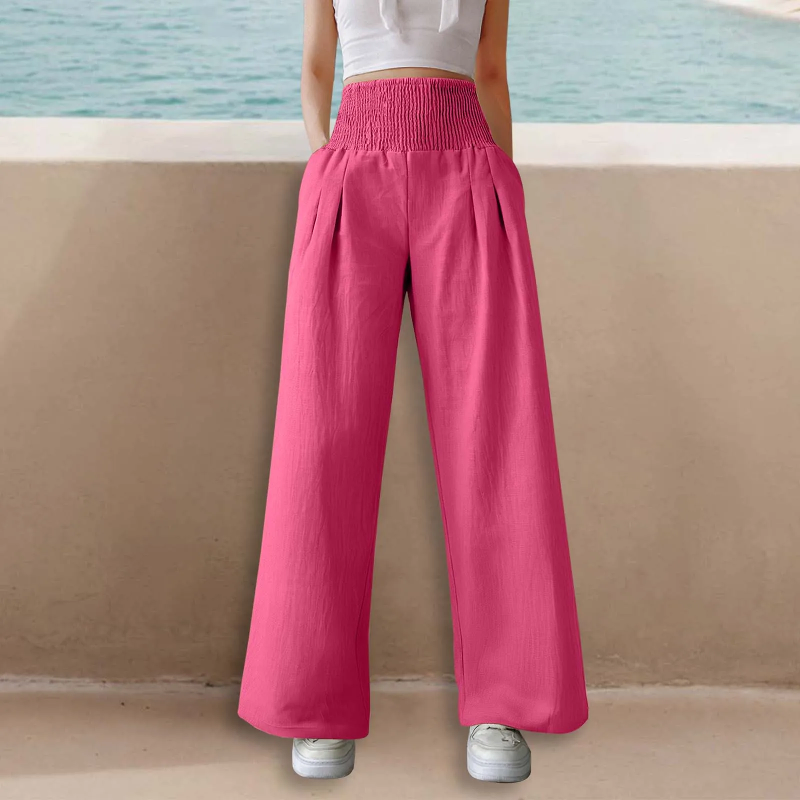

2025 Elegant Retro Solid Baggy Pants Women Loose Elastic High Waist Pocket Vintage Wide Leg Pants Streetwear Office Trousers
