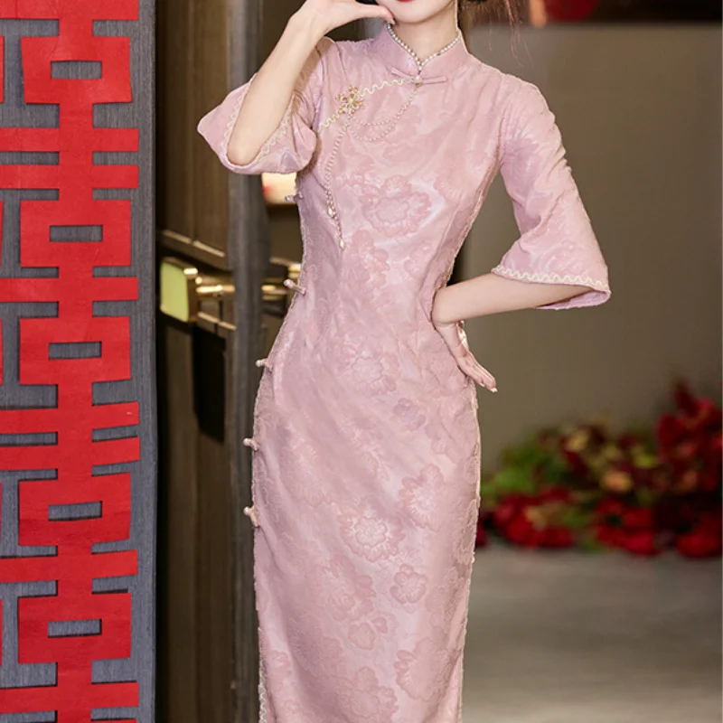 Lady Sexy Satin Qipao Lace Print Mandarin Collar Cheongsam Vintage Button Vestidos Elegant Bride Wedding Dress Plus Size 3Xk