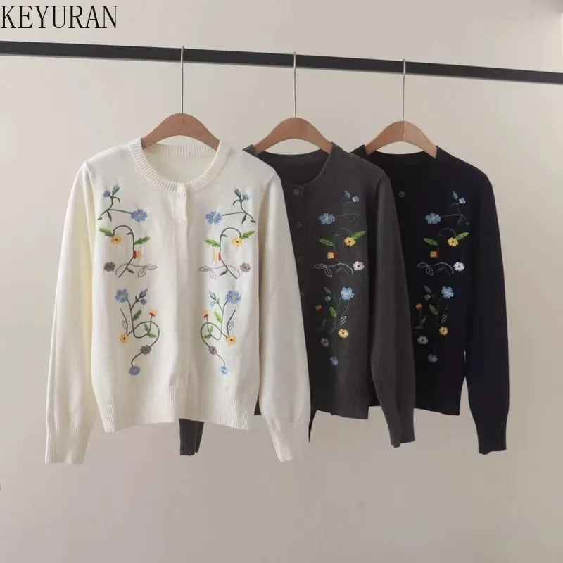 

Вязаный кардиган с цветочной вышивкой, женский винтажный элегантный стильный однобортный трикотаж с длинными рукавами, топы, женский джемпер