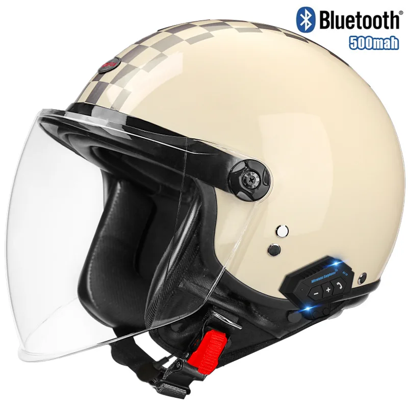 Retro Bluetooth Motorcycle Helmets with Visor Leather Helmet Electric Motorbike Vintage Protected Motor Safety Cap for Harley