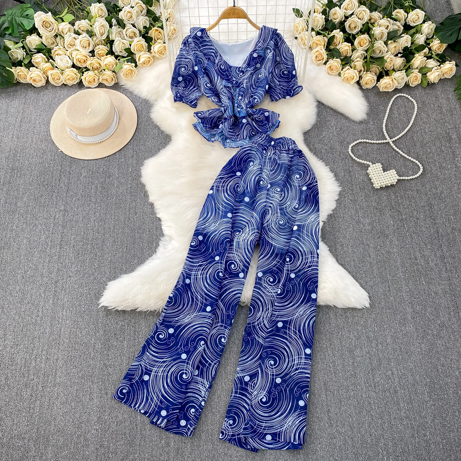 Feminino chiffon calça longa ternos plissado com decote em v manga curta camisetas + cintura alta impresso calças de perna larga senhora conjuntos de praia