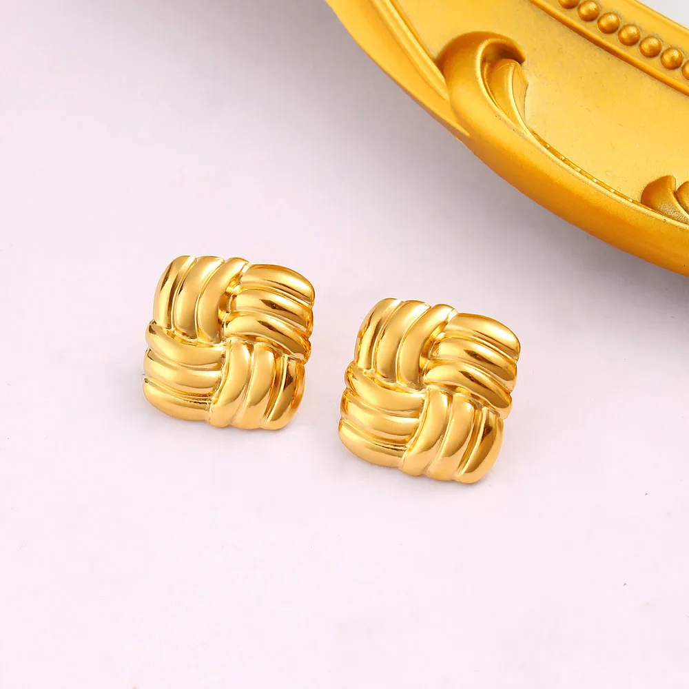 DIY accessories Simple and fashionable high-end earrings women's 18K gold stainless steel square texture stud earrings temperame
