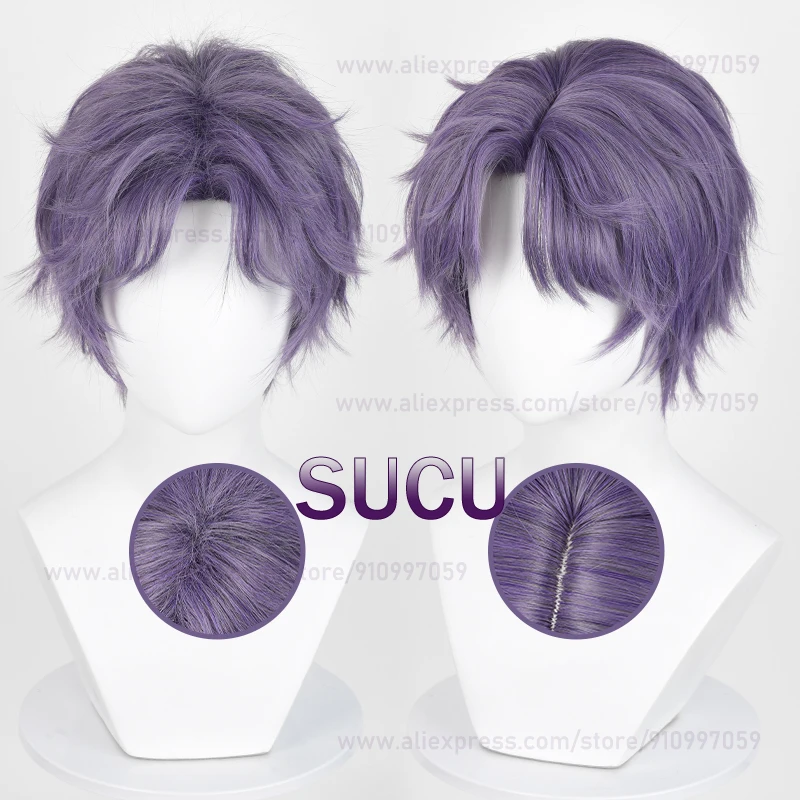 Love And Deepspace Rafayel Cosplay Wig 30cm Short Purple Gray Heat Resistant Synthetic Hair Halloween Wigs + Wig Cap