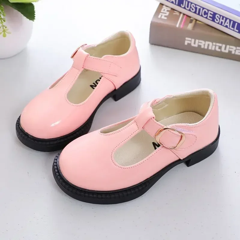 Children Leather Shoes for School Party Black White Girls Dress Shoes Kids Leather Flats T-strap Simple Classic Cut-outs Fashion