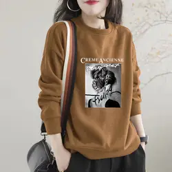 Women's Clothing Pring Autumn Pullover Round NeckLong Sleeve Geometric Plaid Letter Printing Hoodies Office Lady Aesthetic Tops