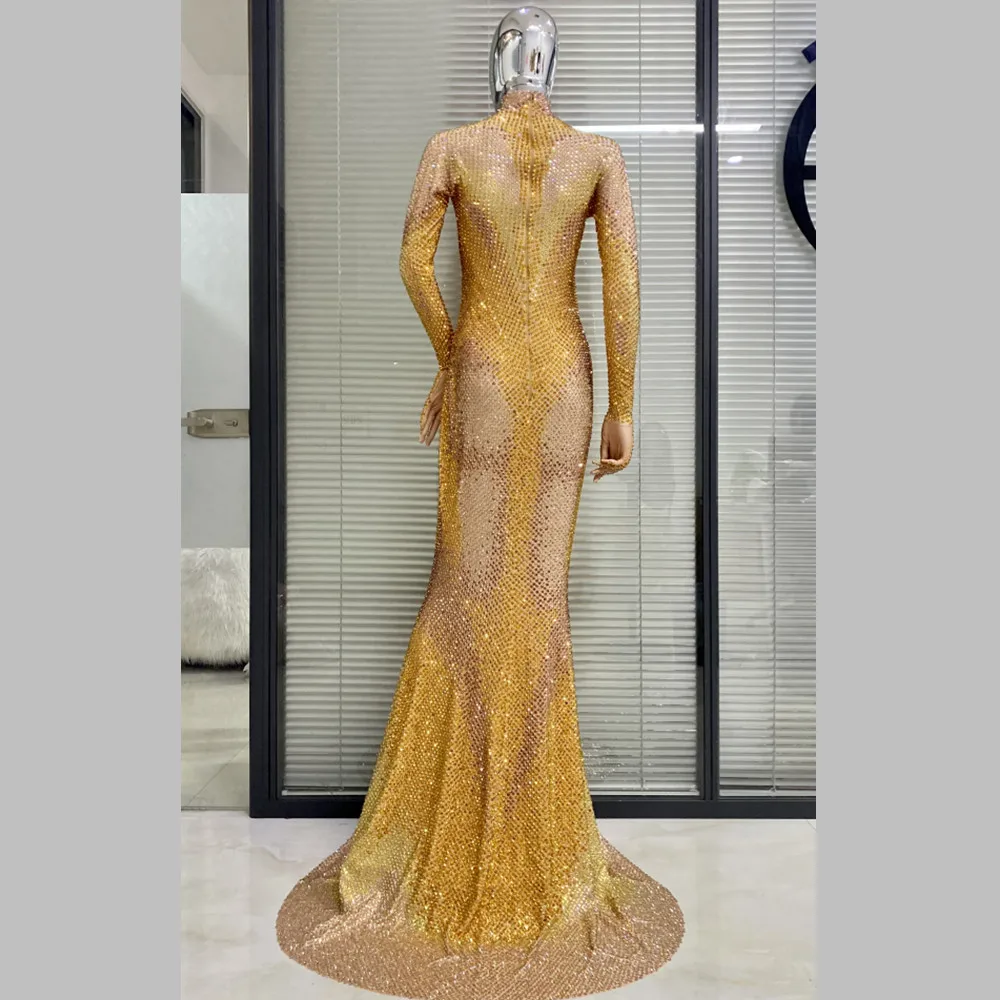 Customized Gold Color Women Long Sleeve Rhinestones Shinning Elegant Evening Party Floor-Length Dress Singer Performance Costume