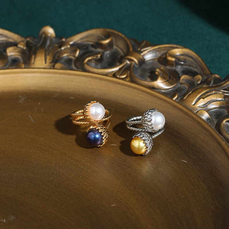 خاتم عتيق من اللؤلؤ الأبيض والأصفر إكسسوارات نسائية طبيعية فضية اللون متقاطعة مفتوحة اتجاهات المجوهرات الفاخرة 2025 حفلة عالية الجودة