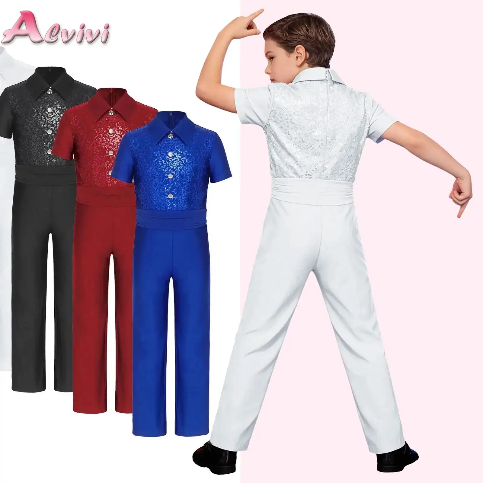 

Kids Boys Latin Dance Jumpsuits Leotard Figure Skating Ballet Jazz Rumba Performance Costume Sparkle Sequins Ballroom Dancewear
