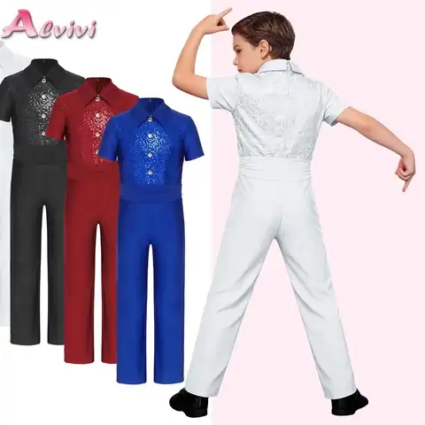 Kids Boys Latin Dance Jumpsuits Leotard Figure Skating Ballet Jazz Rumba Performance Costume Sparkle Sequins Ballroom Dancewear