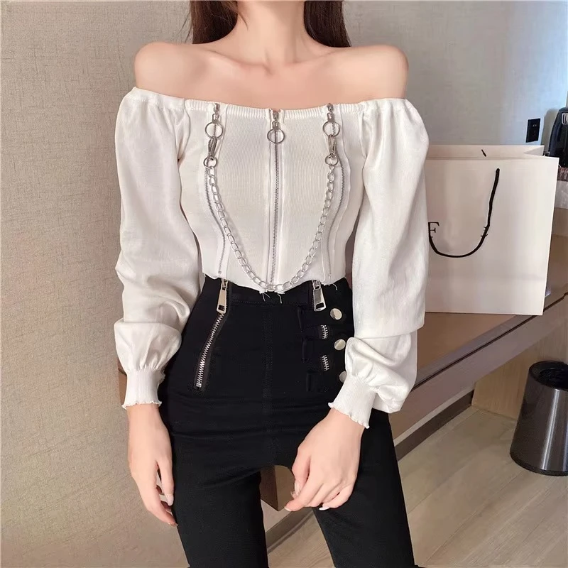 Women Off Shoulder Slash Neck Knitted T Shirt Metal Chain Gothic Punk Crop Top Slim