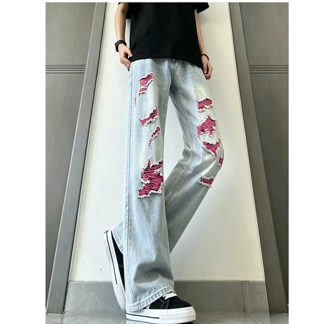 2026 New American Retro Washed Contrasting Color Ripped Jeans Men's Versatile High Street Beggar Straight Casual Pants