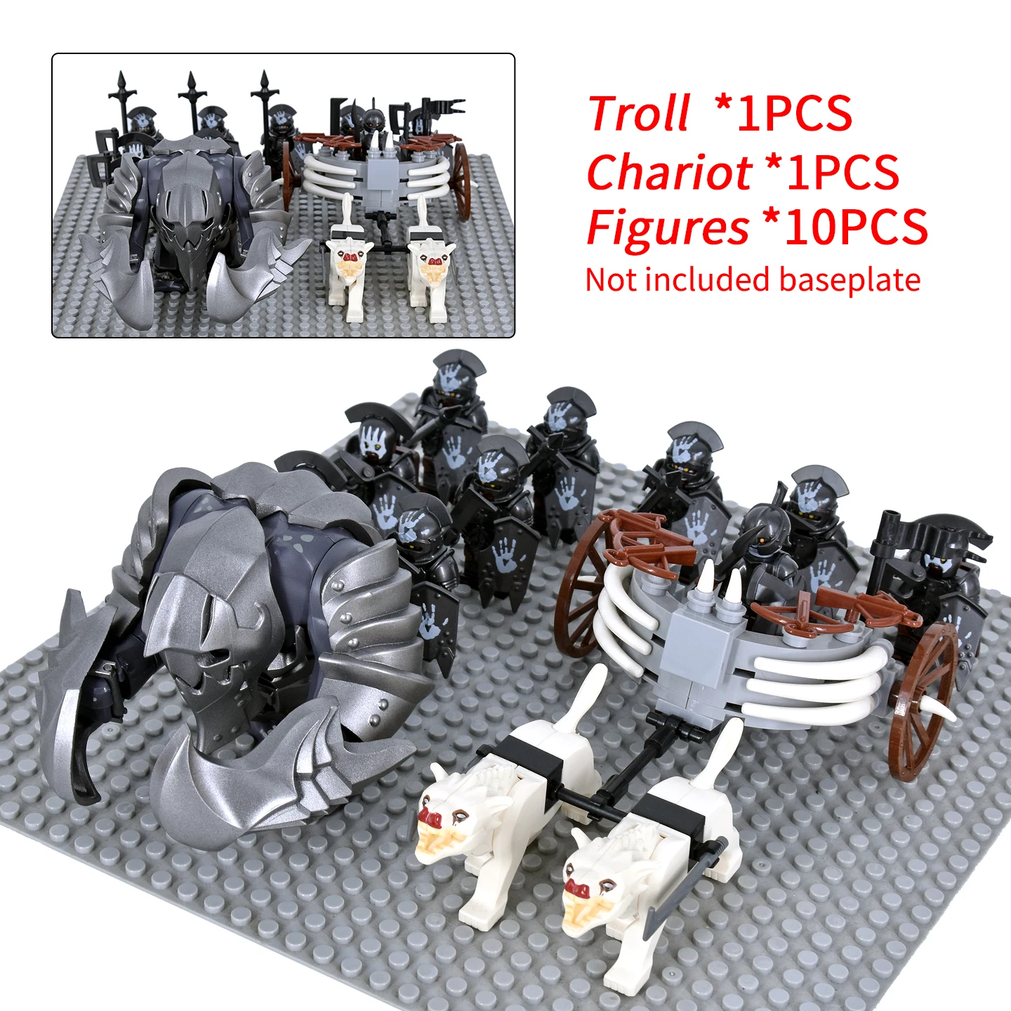 Medieval Battle Building Blocks Set Giant Troll, Wolf Drawn Chariot & 10 Warrior Figures, DIY Army Model Bricks Collectible Toy