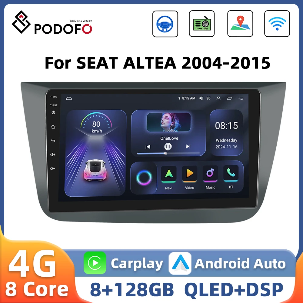 Podofo 9'' 2din Car Radio For SEAT ALTEA 2004-2015 Multimedia Player GPS 4G WIFI Carplay Android Auto DSP AI Voice Car Stereo