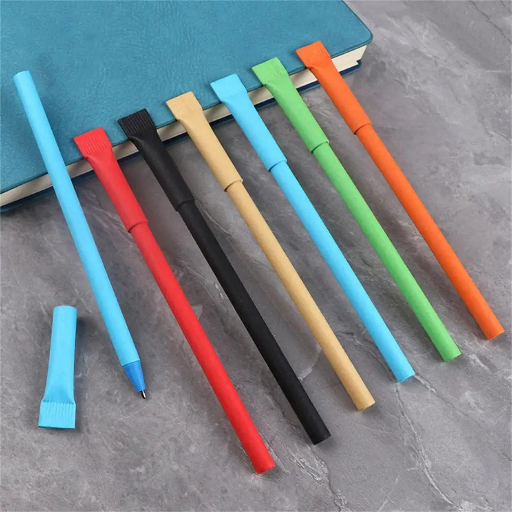 10Pcs 0.7mm Ballpoint Pen Natural Kraft Paper Writing Pull Cover Assorted Colors Advertising Pen School Business Pen