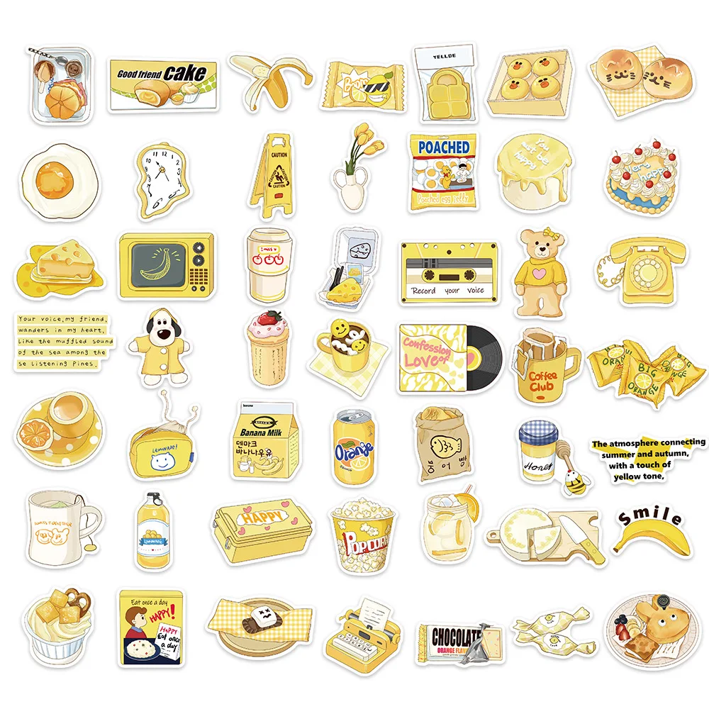 

50PCS Yellow INS Style Food Cartoon Stickers DIY Notebook Phone Laptop Luggage Skateboard Graffiti Decals Fun for Kid Gift
