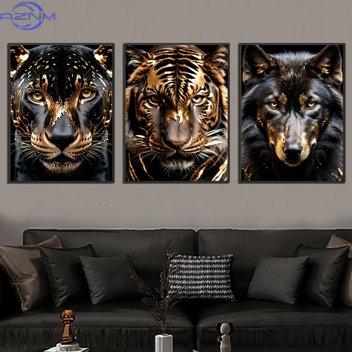 3pcs Unframed Canvas Posters, Modern Art, Black Golden Animal Wall Art Canvas Painting, Ideal Gift for Bedroom Living Room Corri