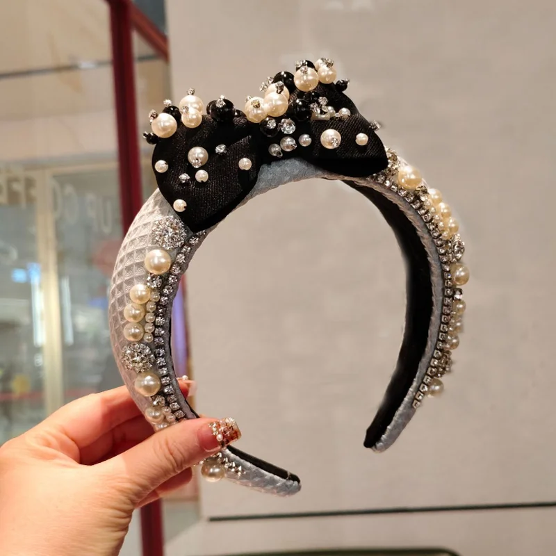 Korean Exquisite Full Diamond Bow Denim Jean Hair Hoop Hairband Pearl Drill Headband Pressed Hair Clips Hair Accessories - view 3