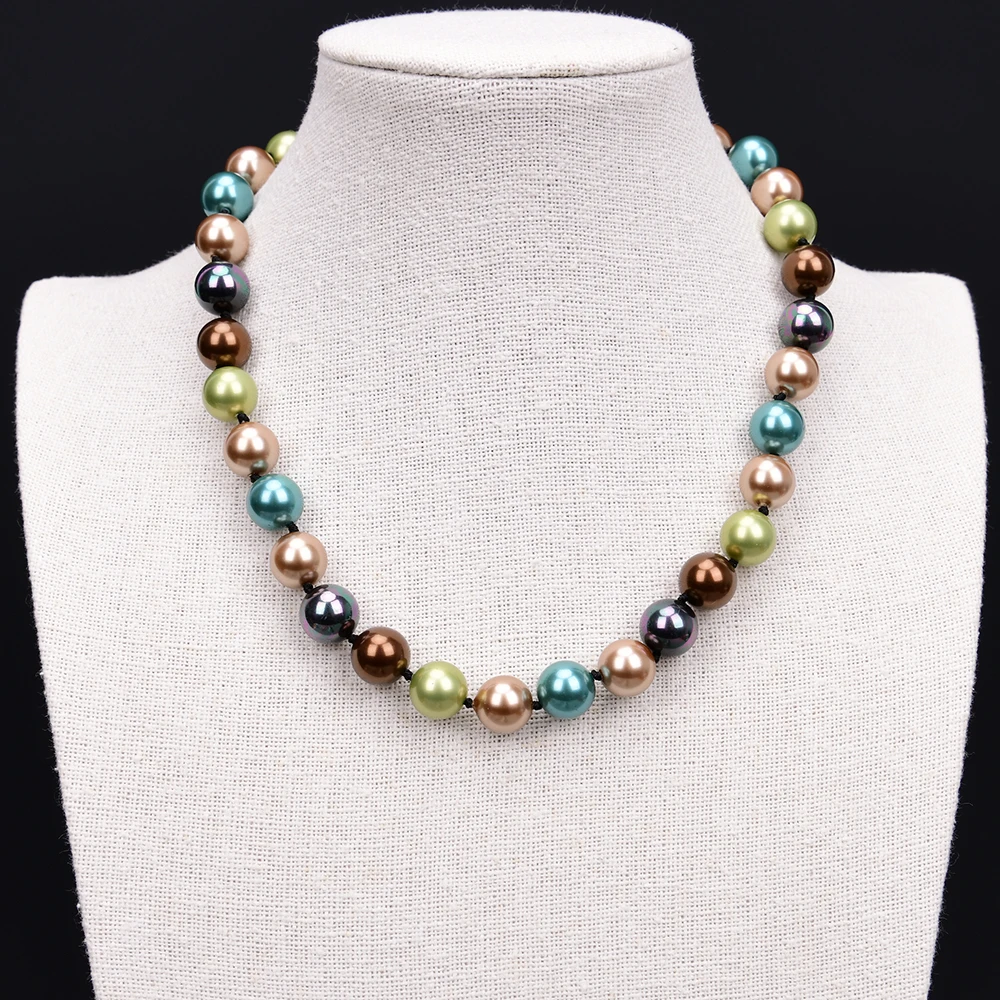 G-G 18\'\' 12mm Natural Mix Color Round Shape Sea Shell Mother Of Pearl Choker Necklace Gifts For Women