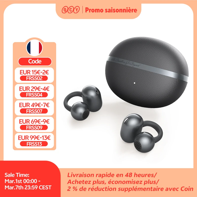 QCY Crossky C50 Écouteurs sans fil Bluetooth 6.0 à oreille ouverte, confortables, à clipser, 4 micros, appels clairs, amplification des basses, 35 heures d'autonomie pour le sport et la course à pied