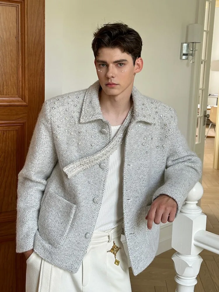 Herren Neue Herbst Winter Mode Woolen Jacke Diamanten Hohe Qualität Designer Bankett Kurzen Mantel Lose Fit Casual Oberbekleidung Männlich