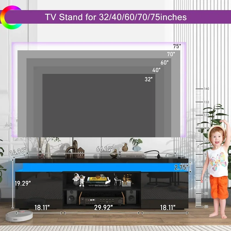 Hlivelood LED TV Stand for 75 Inch , Modern with Power Outlet, High Gloss Console Entertainment Center Storag