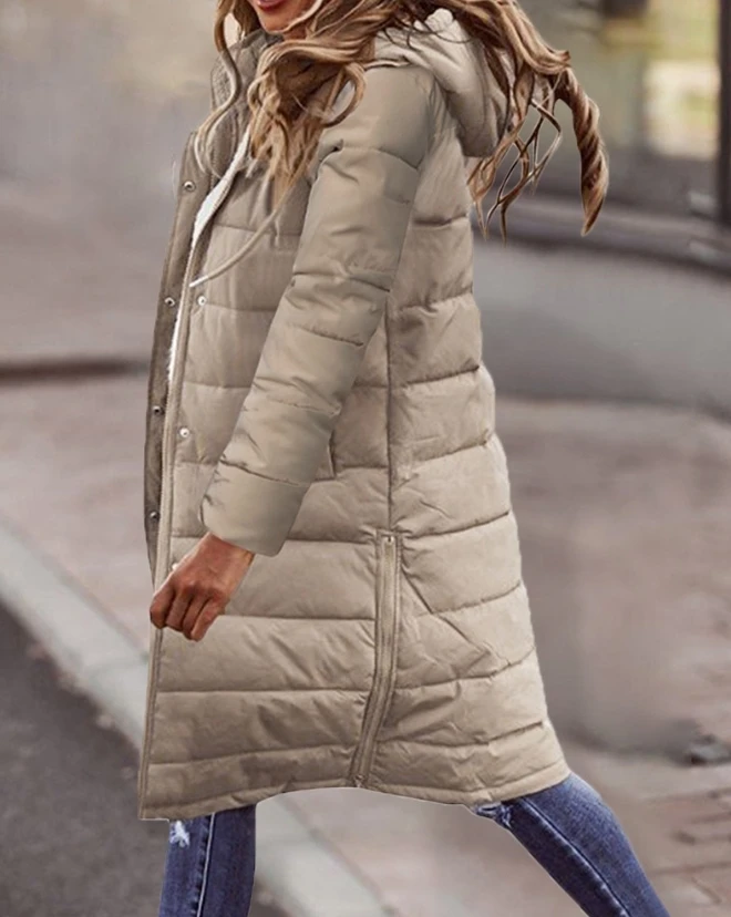 Lightweight Padded Jackets 2023 Autumn Winter Women Pocket Design Buttoned Long Sleeve Casual Daily Longline Hooded Puffer Coat