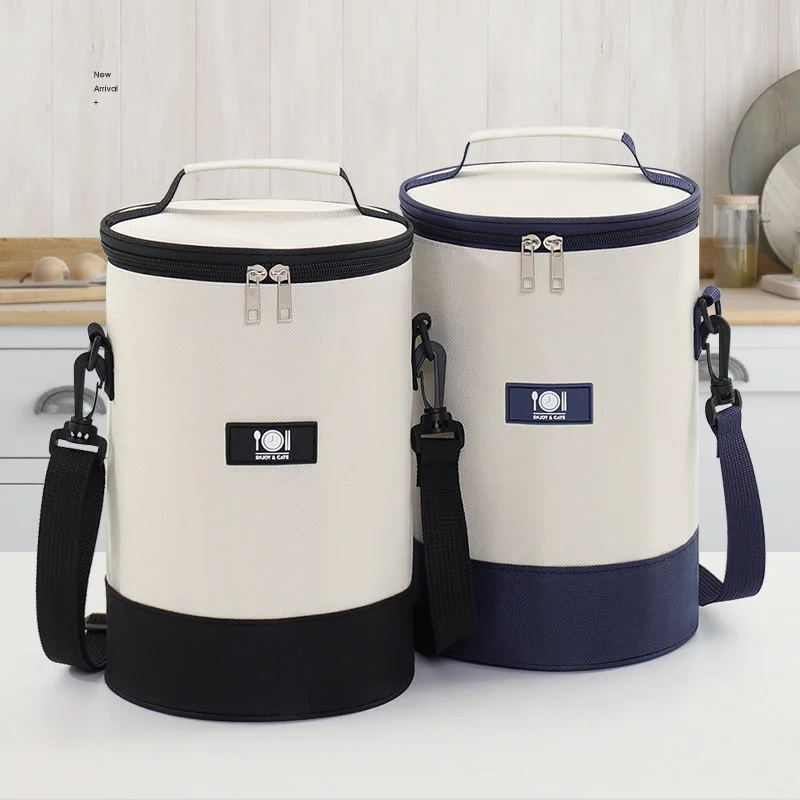 Oxford Cloth Bento Bag Student Lunch Box Tote Bag Round Thickened Aluminum Foil Outdoor Thermal Insulation Cylinder Meal Bag