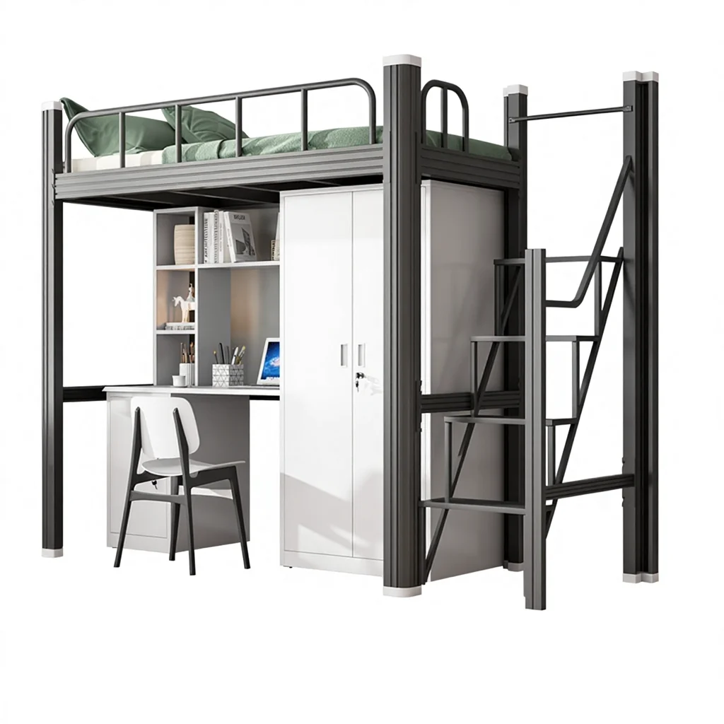 dl-Modern Apartment Bedroom Furniture Steel Adult Loft Bed Frame Loft Bunk Bed With Stairs#