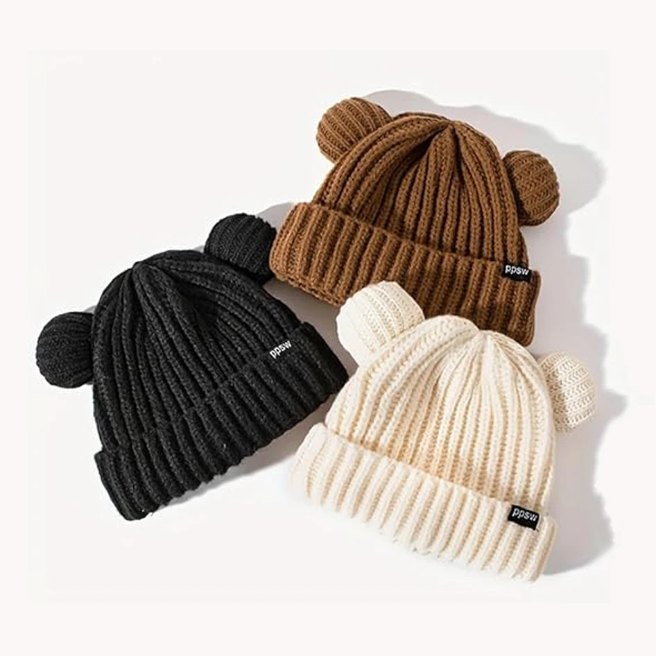 Unisex Winter Autumn Cute Cartoon Bear Ears Double Needle Craft Knitting Beanies Skull Hat Adult Child Outdoor Warm Cold Cap
