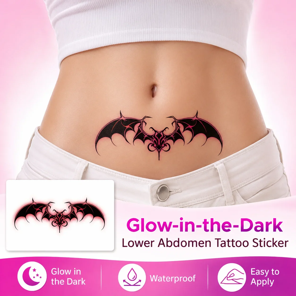 Disposable Tattoo Sticker Temporary Tattoo Glow in the Dark Tattoo Sticker, Bat Wing Belly Design