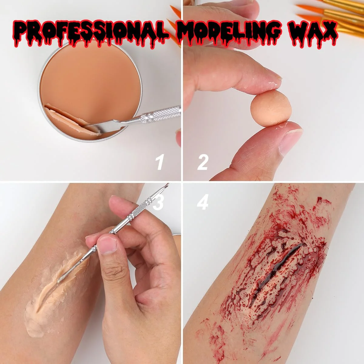 Spezialeffekte SFX Halloween-Make-up-Set – 12-Farben-Gesichts- und Körperbemalungspalette + Narbenwachs mit Spatel-Werkzeug + Kunstblut + Schwamm