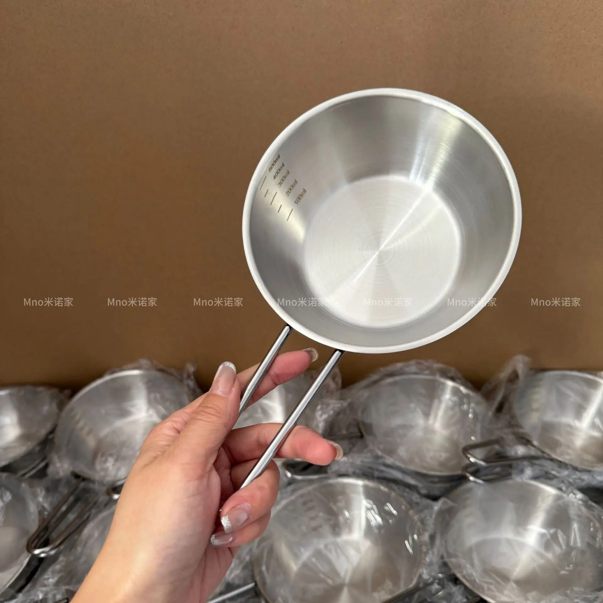Stainless Steel 304 Thick Korean Rice Wine Bowl With Scale Long Handle Hot Oil Pot Measuring Bowl Food Grade 500ml 140mm 55mm