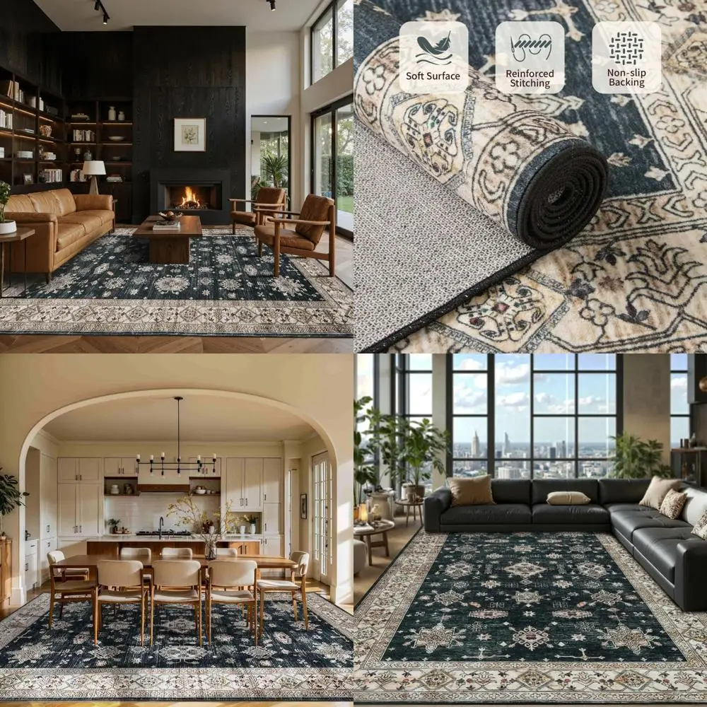 

Large Black Vintage Boho Area Rugs, Washable and Non-Slip, Low Pile Faux Wool for Living Room Indoor Use