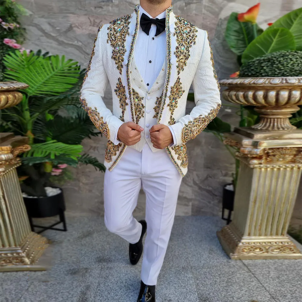 Luxury Groom Wedding Suits Gold Embroidery Beading Men's Tuxedos Tailored Made Jacquard Jacket Vest Pants 3 Pieces Male Clothing