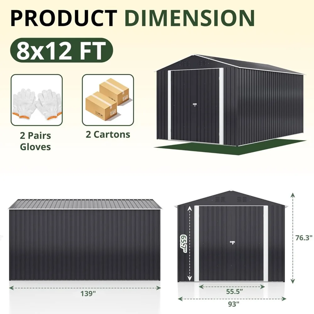 8x12 FT Outdoor Storage Shed, Garden Shed with Updated Frame Structure and Lockable Doors Metal Tool Sheds for Garden Patio Lawn